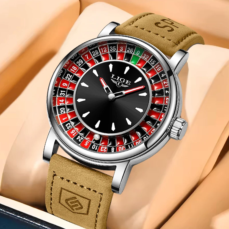

Новые мужские кварцевые наручные часы LIGE 2026 года, коричневые, класса люкс, с арабскими цифрами, вращающимся циферблатом-рулеткой, водонепроницаемые