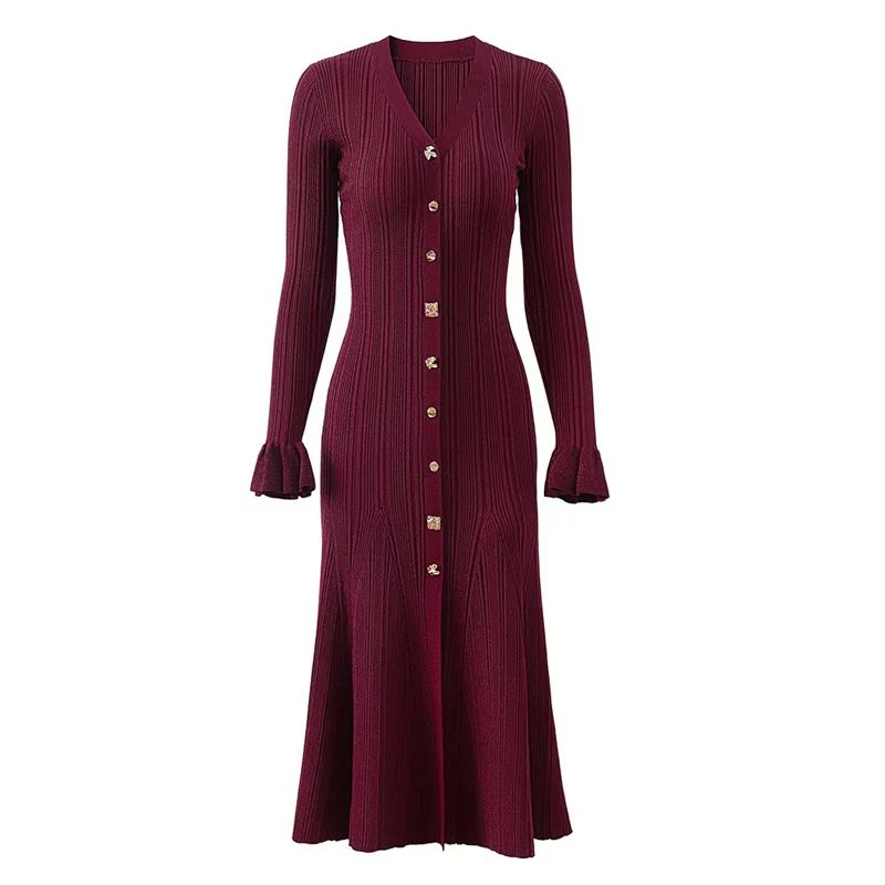 Vestido de punto de longitud media, novedad de primavera 2025, vestido de fiesta acanalado de manga larga para mujer, vestido elegante de punto para mujer 25A063