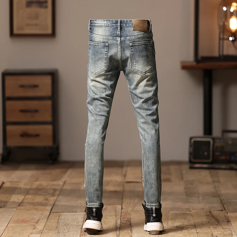 Personality  Embroidery Jeans Men's Skinny Tappered Pants Scrape Patch Pu Shuai Ripped Trendy Motorcycle Trousers