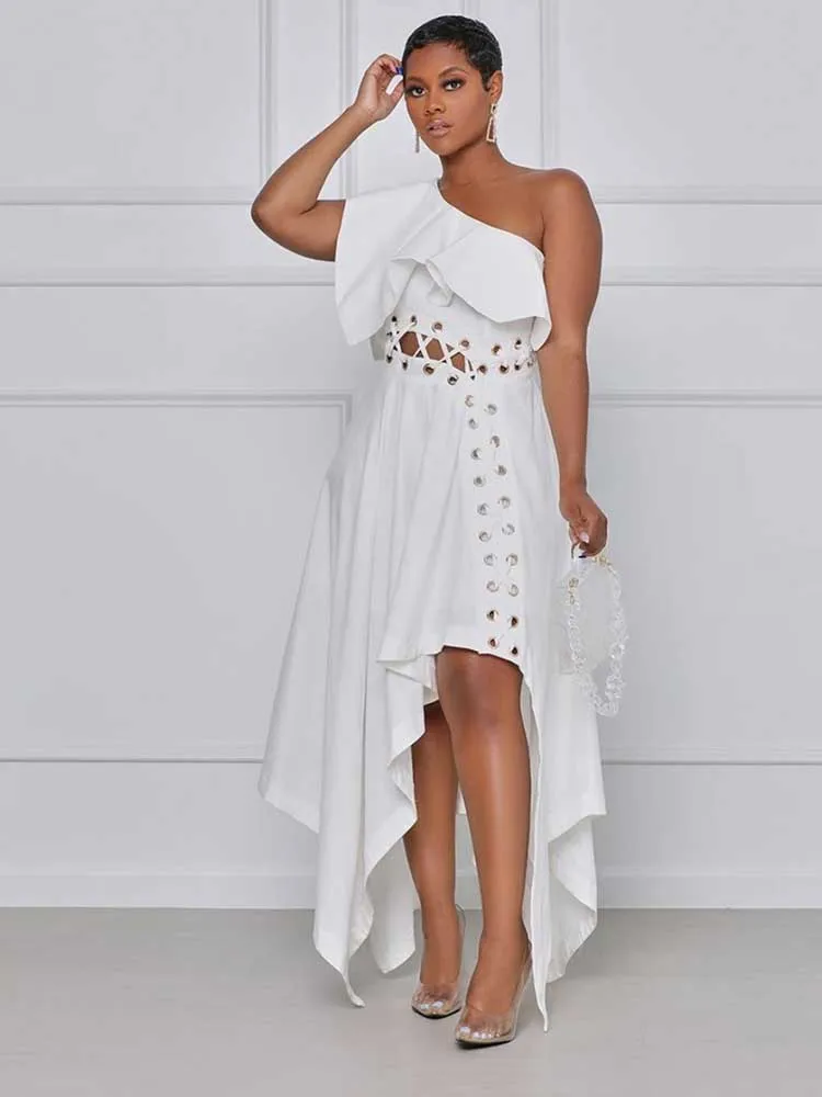 Middle Age Women Summer One Piece Dress White Party Solid Waist Dress Sexy Plus Size Clothes Lady Long Elegant Dress with Sleeve