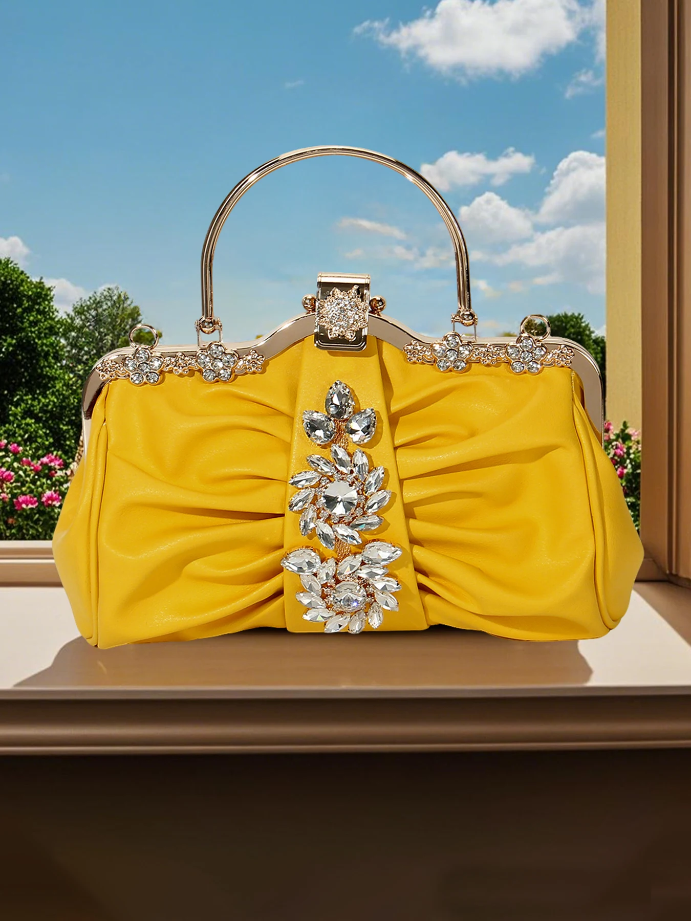 

Summer Yellow Pleated PU Women's Evening Clutch, Floral Rhinestone Clutch, Shoulder Chain Crossbody Bag