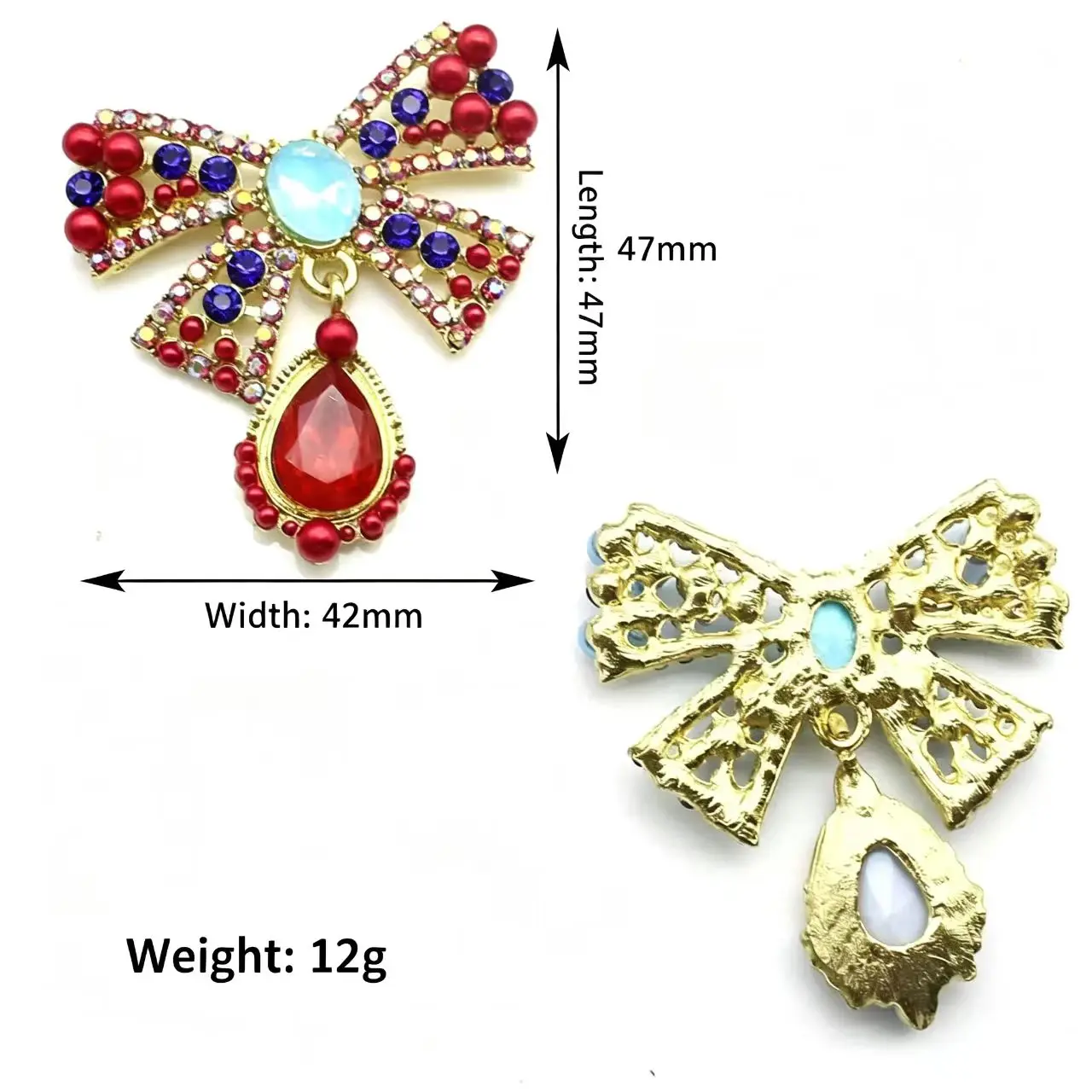 Gold Alloy Bow Crystal Rhinestone Brooch 42×47mm Faux Pearl Bow Decor Patch 2 Pcs/Pack Party Costume Garment Accessories