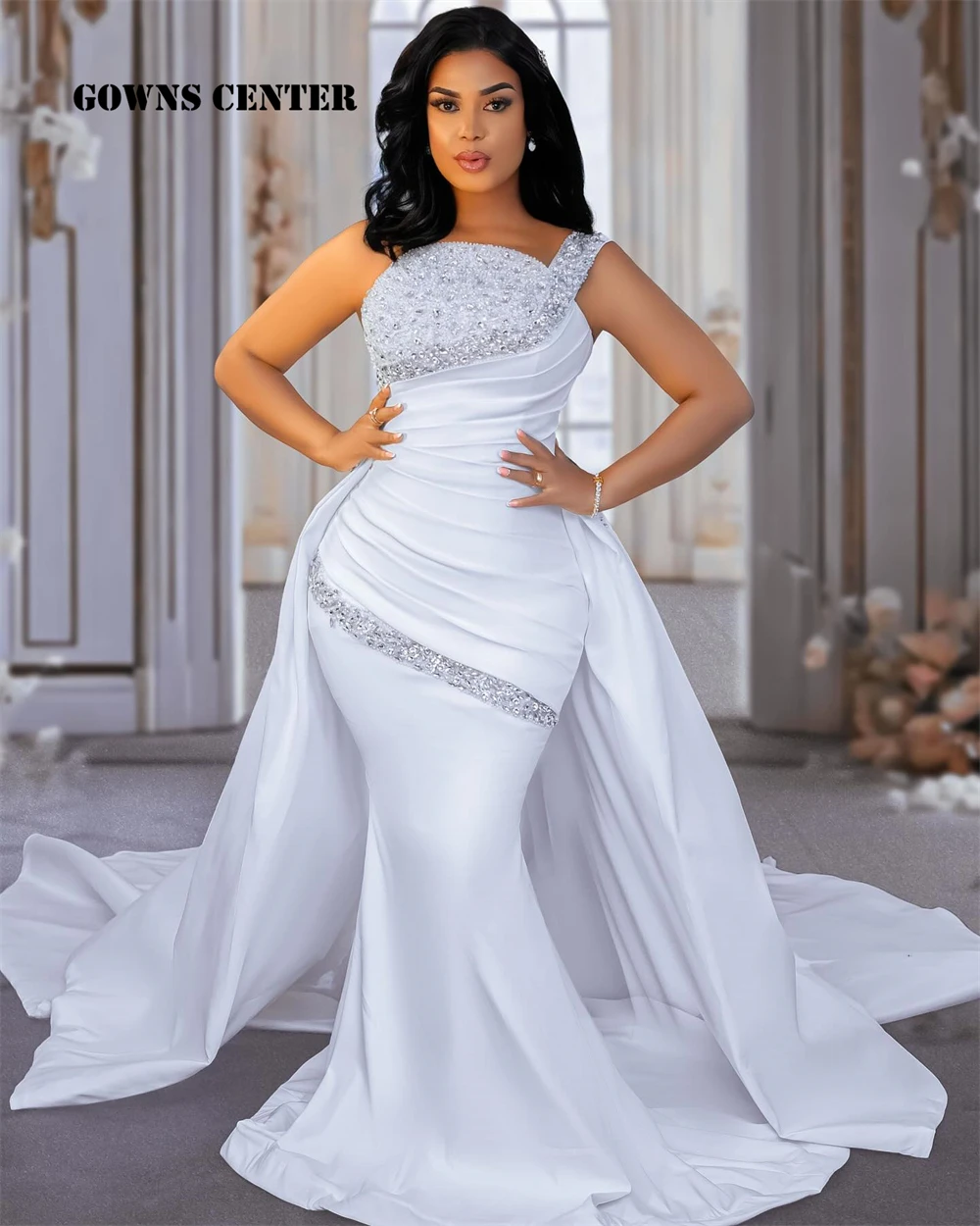 Fascinating One Shoulder Wedding Dresses Luxury 2024 Beaded Crystal Mermaid Aso Ebi Bridal Dress With Detachable Train African