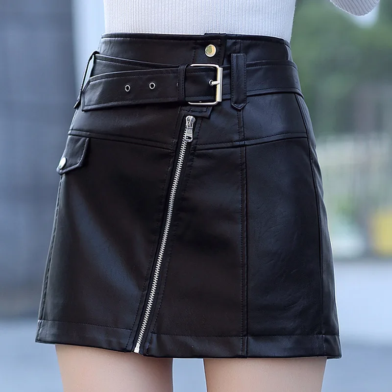 Sexy Zipper PU Leather Mini Skirts Slim High Waist Skirt Pink Fashion Autumn Winter Women Pocket Skirts Night Club Black Skirts