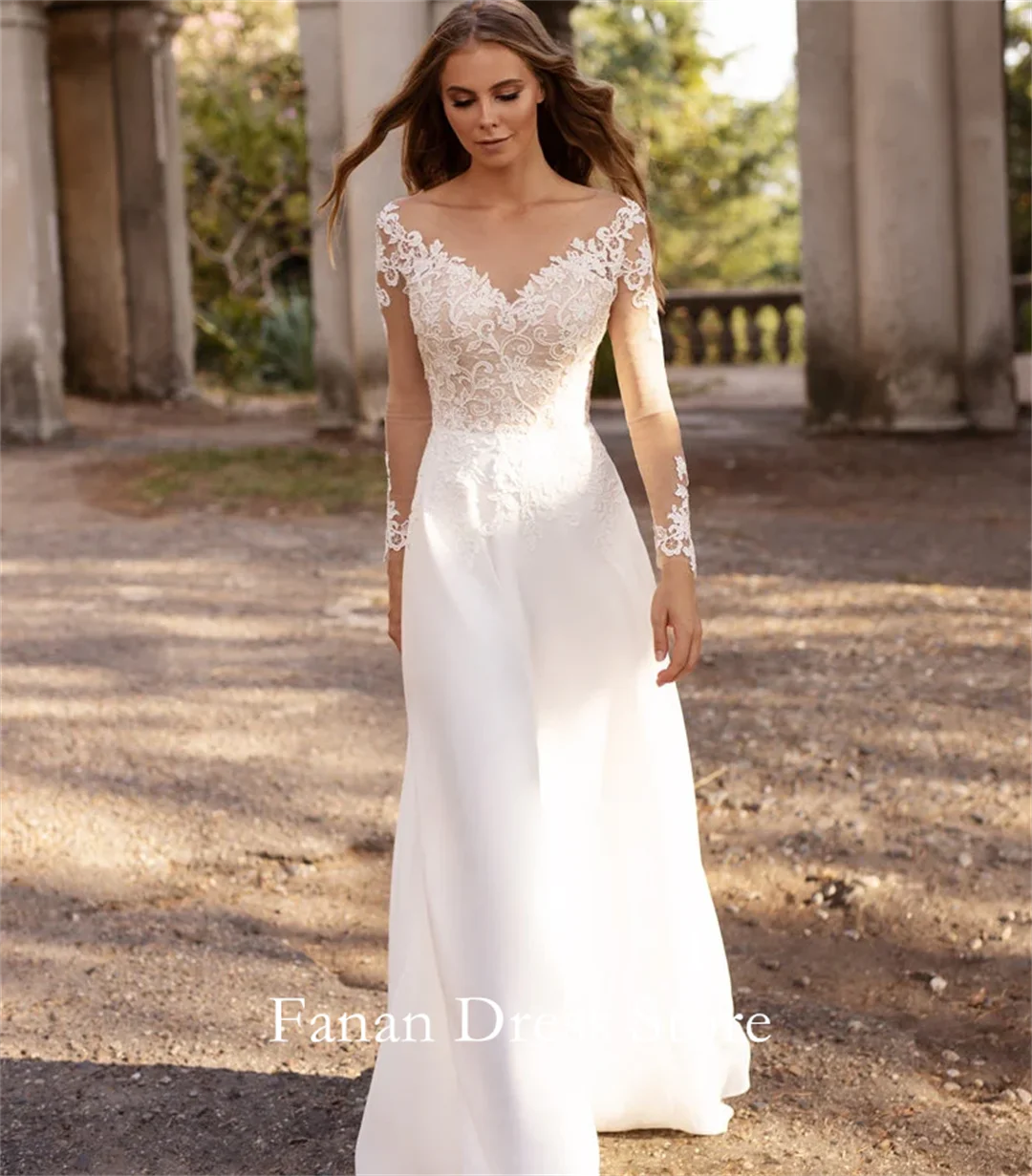 Fanan Simple Long Sleeve Wedding Dress in Boho Style Customized Chiffon Illusion Lace  Ivory Bridal Party Gown Vestidos De Novia