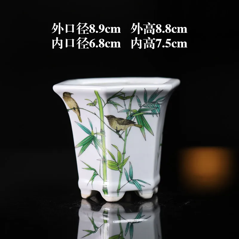 Antique ceramic flowerpot Chinese style ornament green plant pot flower and bird landscape pattern miniature flower pot
