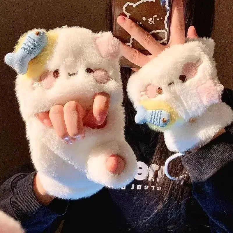 Плюшевые перчатки с милым котом, теплые и холодные студенческие перчатки, женские зимние мягкие бархатные утолщенные перчатки с клапаном, декор для девочек