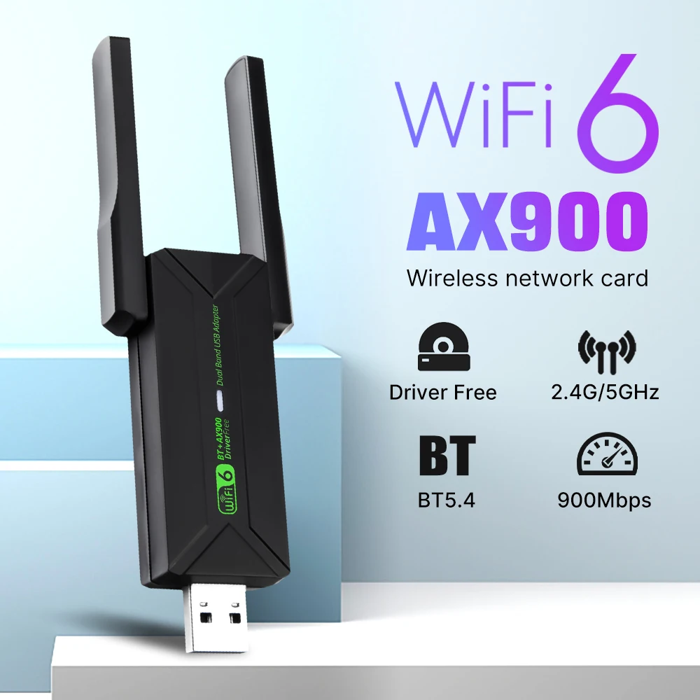 WIFI 6 AX900 Dual Antenna USB WiFi BT 5.4 Adapter 2in1 Dongle Wireless Wlan External Network Card for Windows 10/11 Driver Free