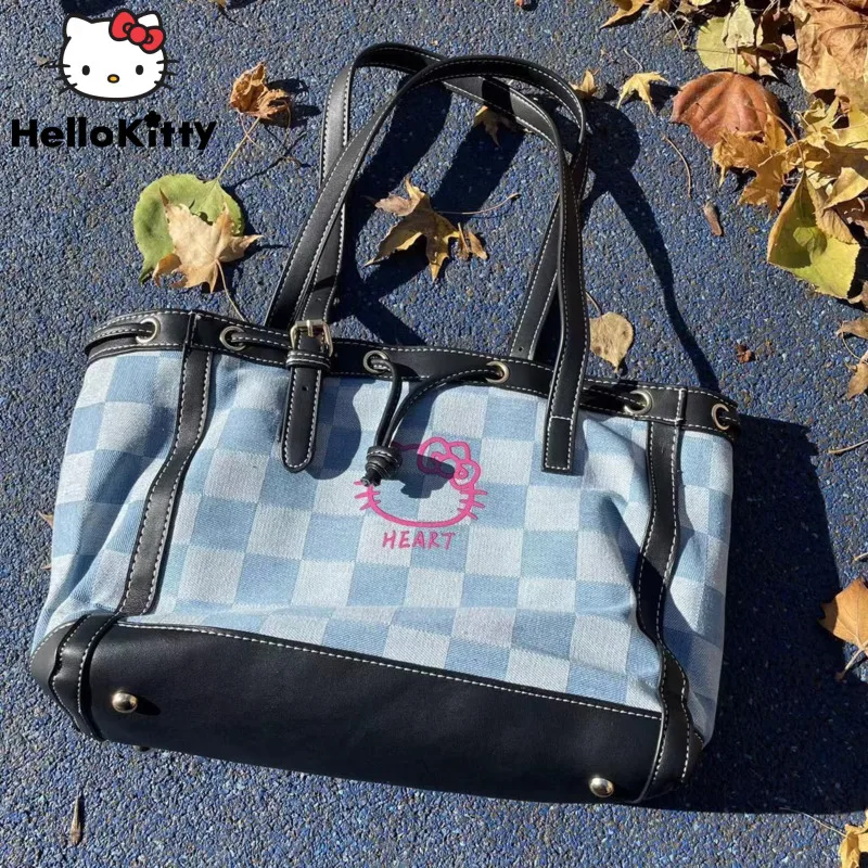 Sanrio Hello Kitty Plaid Drawstring Handbag Millennial Spice Girl Y2K Versatile Shoulder Bag Korean Style New Trend Vintage Tote