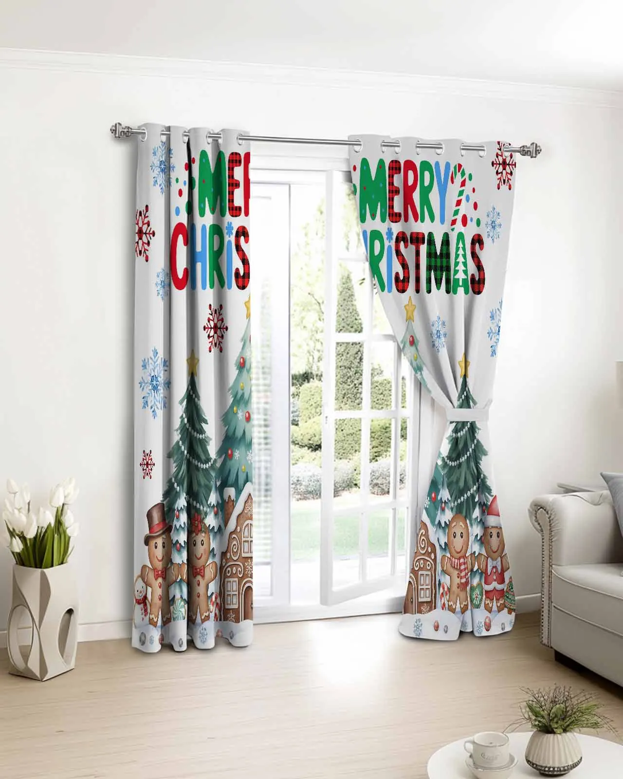 

2pcs, 1 panel Merry Christmas Gingerbread Man Polyester Window Curtains For Living Room Kitchen Bedroom Drapes