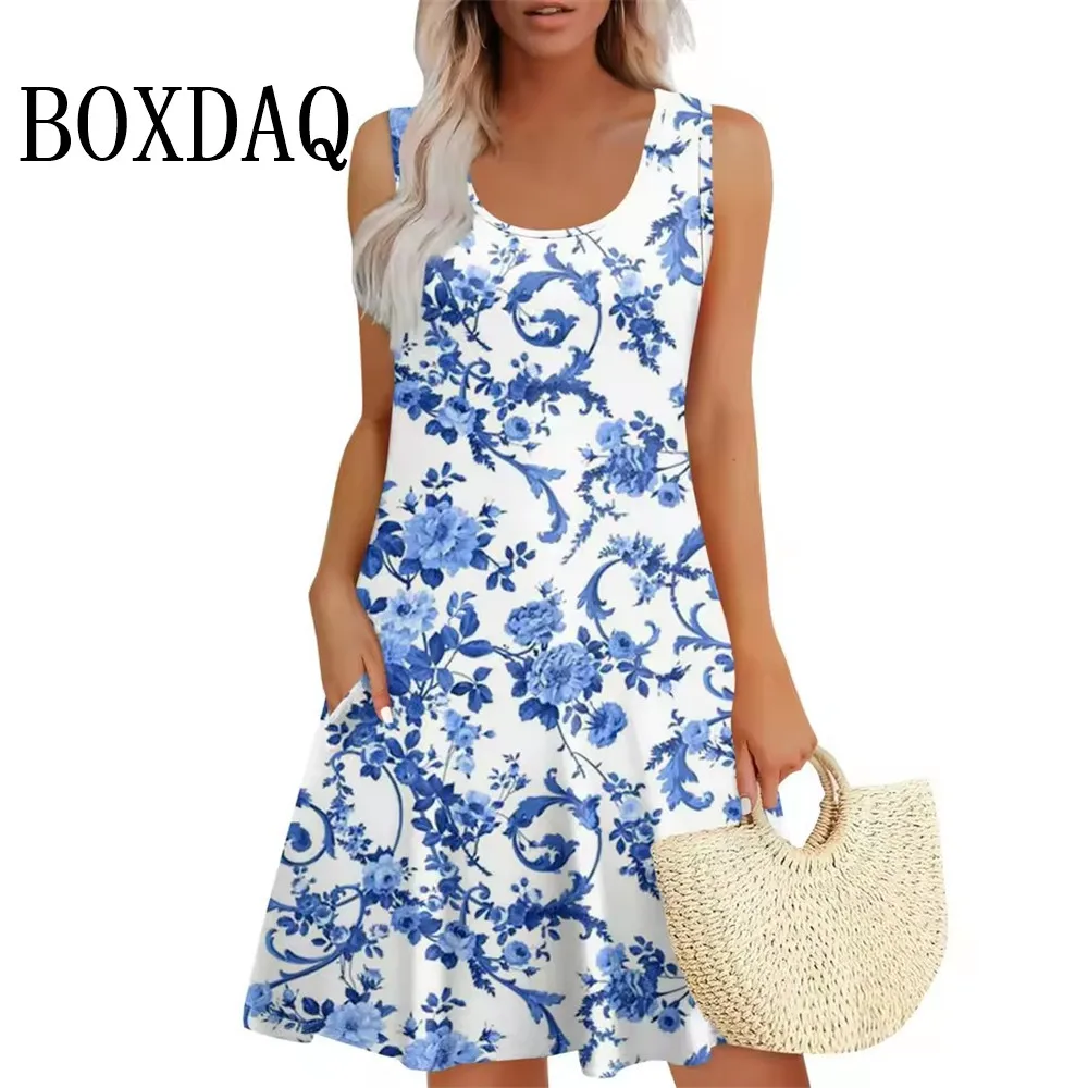 2025 New Womens Dresses Casual Summer Tank Boho Beach Short Dresses Vintage Flower 3D Printing Sleeveless Dresses Loose Sundress