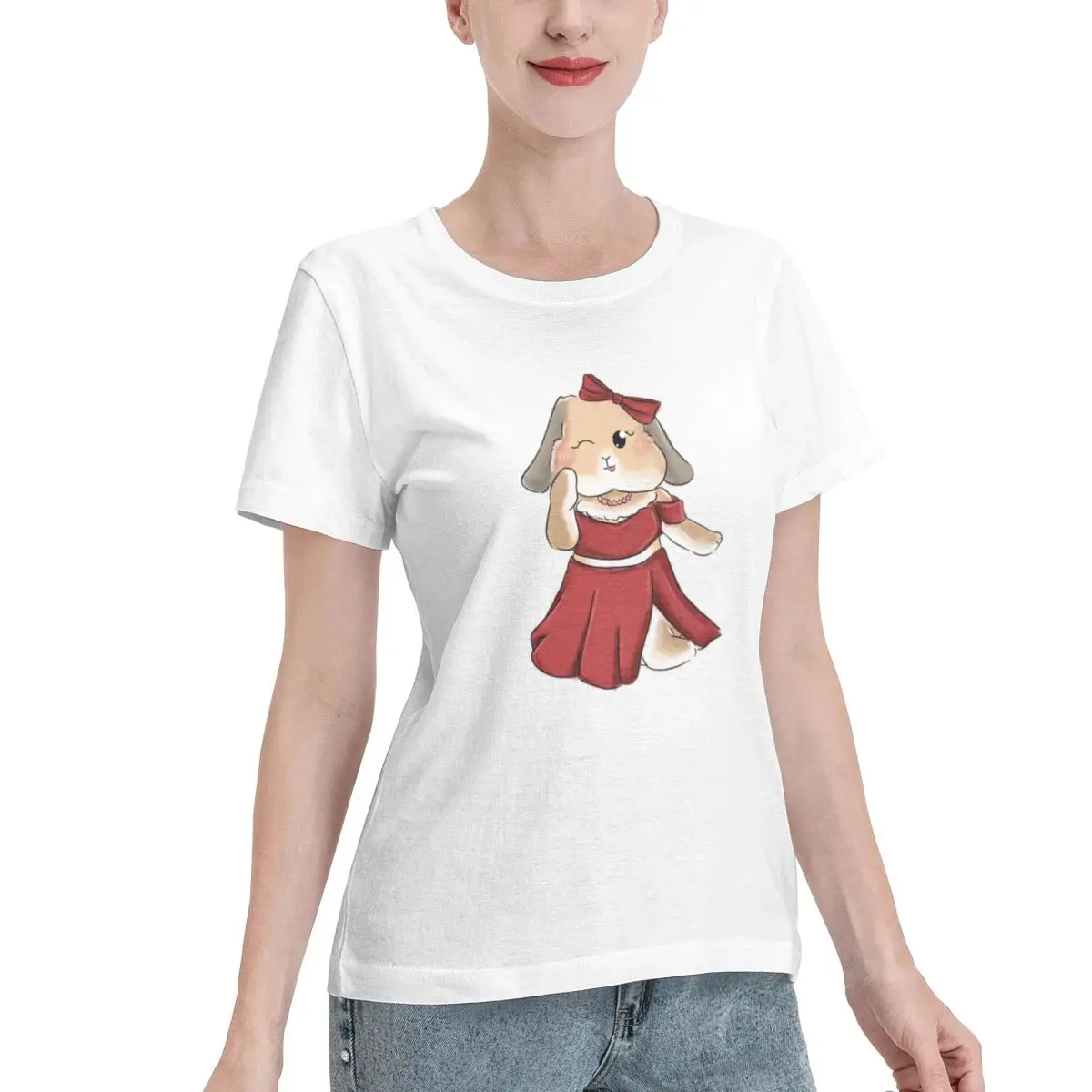 Bulk Wholesale Red Rabbit Outfit Bunniesmee Women's T-shirt Retro Comfy Daily Top