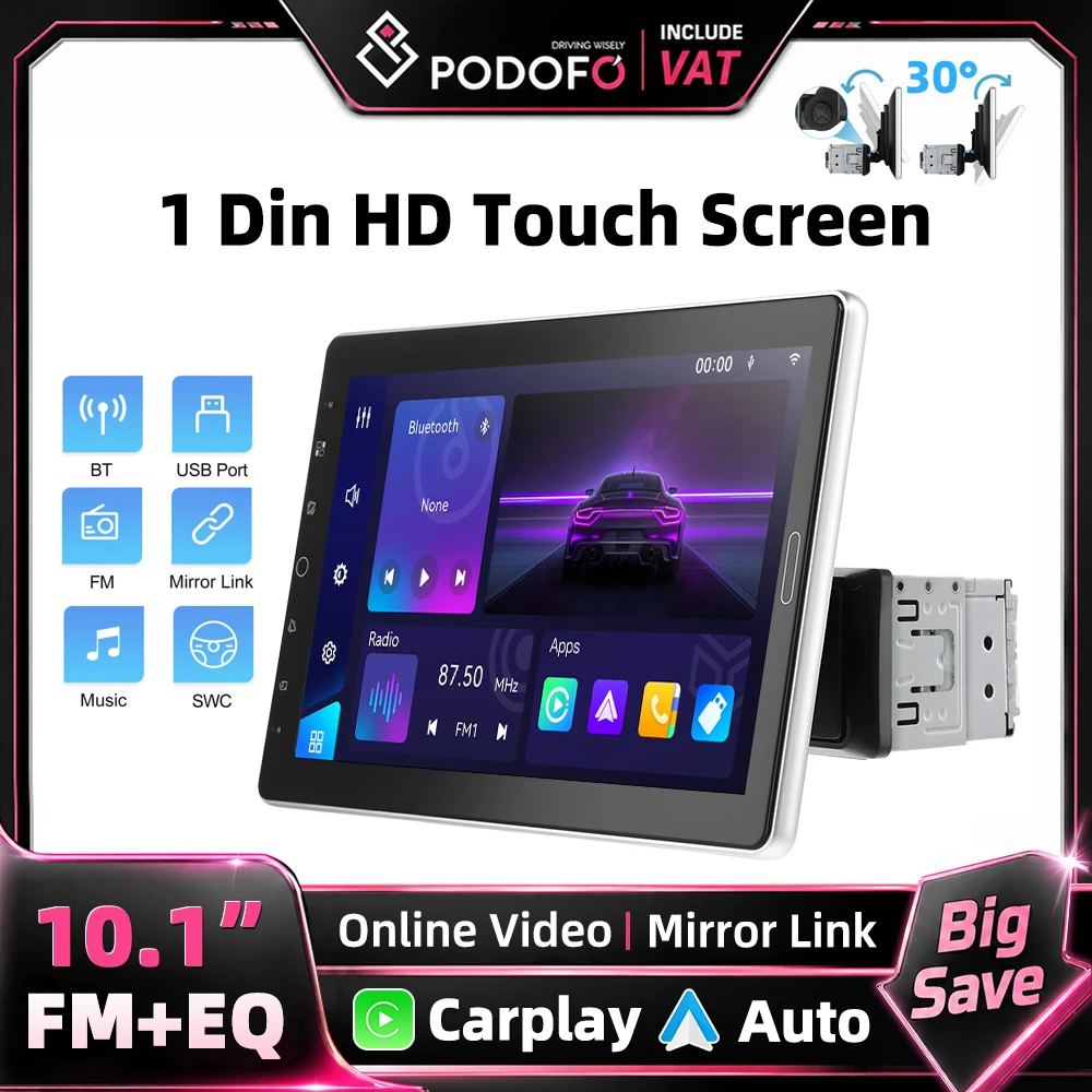 Podofo 1DIN Abnehmbarer Bildschirm Autoradio 10,1 Zoll Auto-MP5-Multimedia-Player Kabelloses Carplay Android Auto Bluetooth FM AM RDS Radio