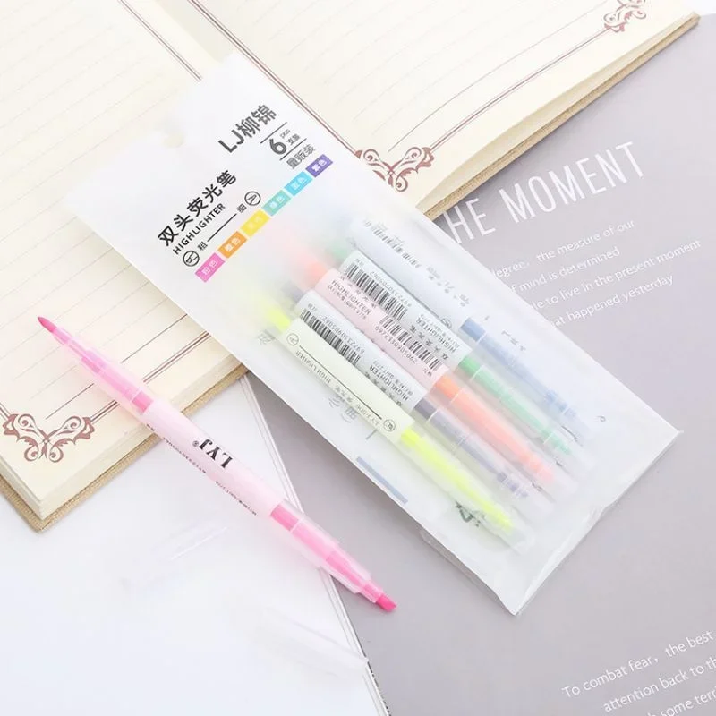 6 Pcs/Set Highlighter Pen Color Markers Double Ends Pastel Fluorescent Set Kawaii Pens Cute Stationary School Office Supplies