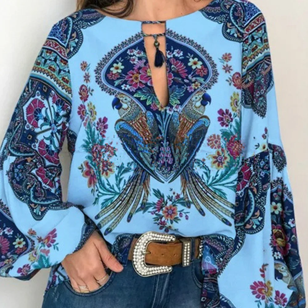 

2024 Spring New Fashion Digital Printed Women Shirt Round Neck Lantern Sleeves Female Blouses