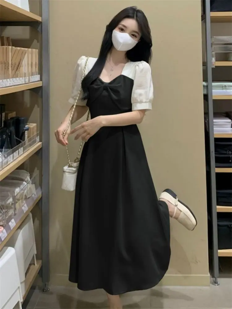 Dresses Women Bow Short Sleeve Fake Two Pieces Midi French Style Elegant Classic Simple Ins Temperament Stylish Summer Prevalent