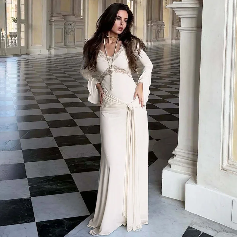 

Ticketsx Elegant V-neck Lace Slim Maxi Dress Lace Up Patchwork Ruched Backless Dress Autumn Solid Luxury Party Evening Dress