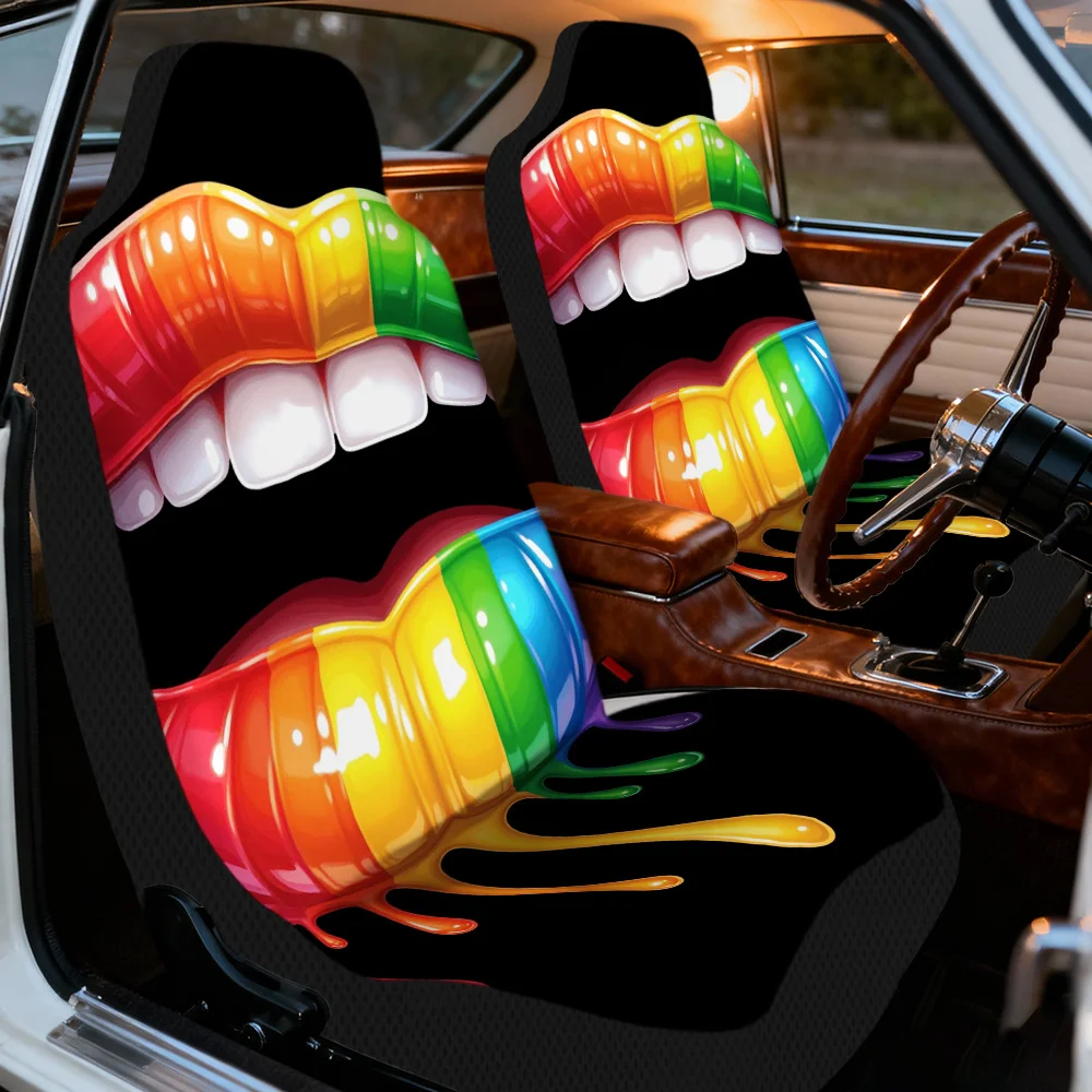 2pcs Stylish Rainbow Lips Colorful Pride Graphic Design Car Seat Covers | Foldable, Washable, Perfect Fit For Single Front Seats