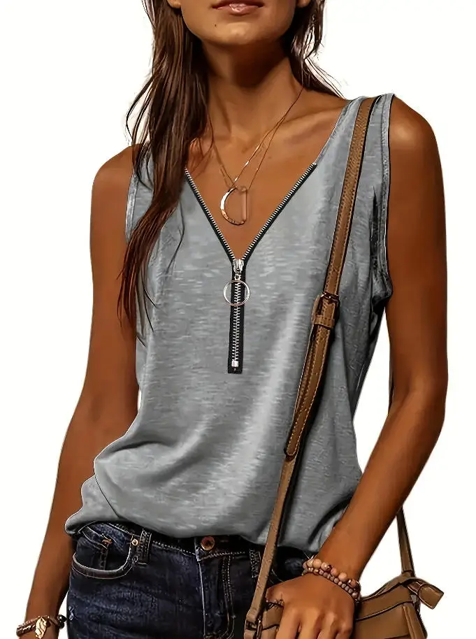 Versatile Women\'s V-Neck Half-Zip Tank Top - Casual All-Season Wear with Durable Stretch Fabric