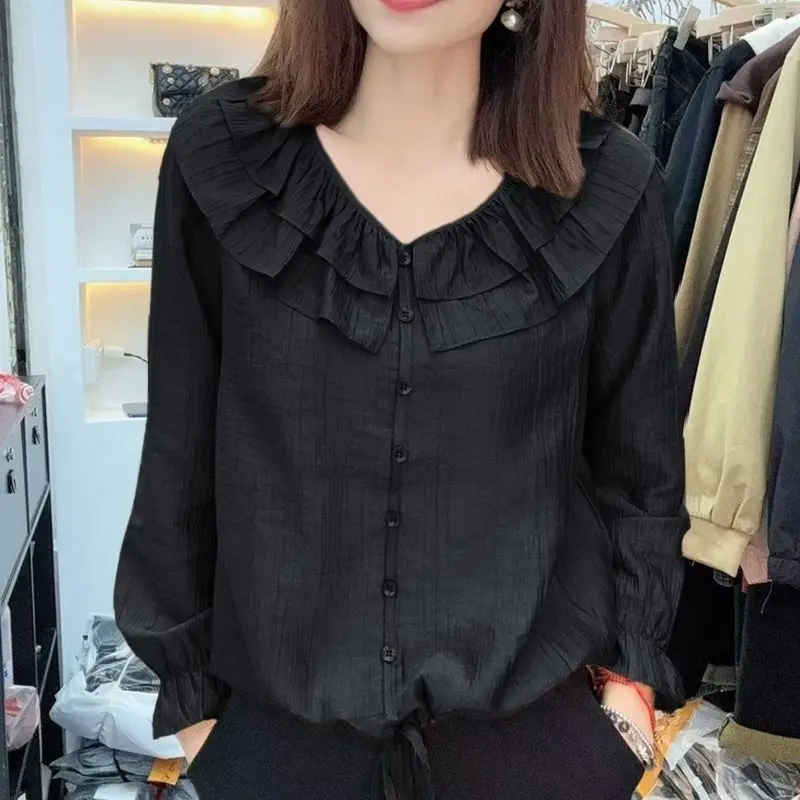 Black Ruffled Collar Blouse Women Long Sleeve Loose Fit Button Up Top Casual Sweet Style Lightweight Spring Summer