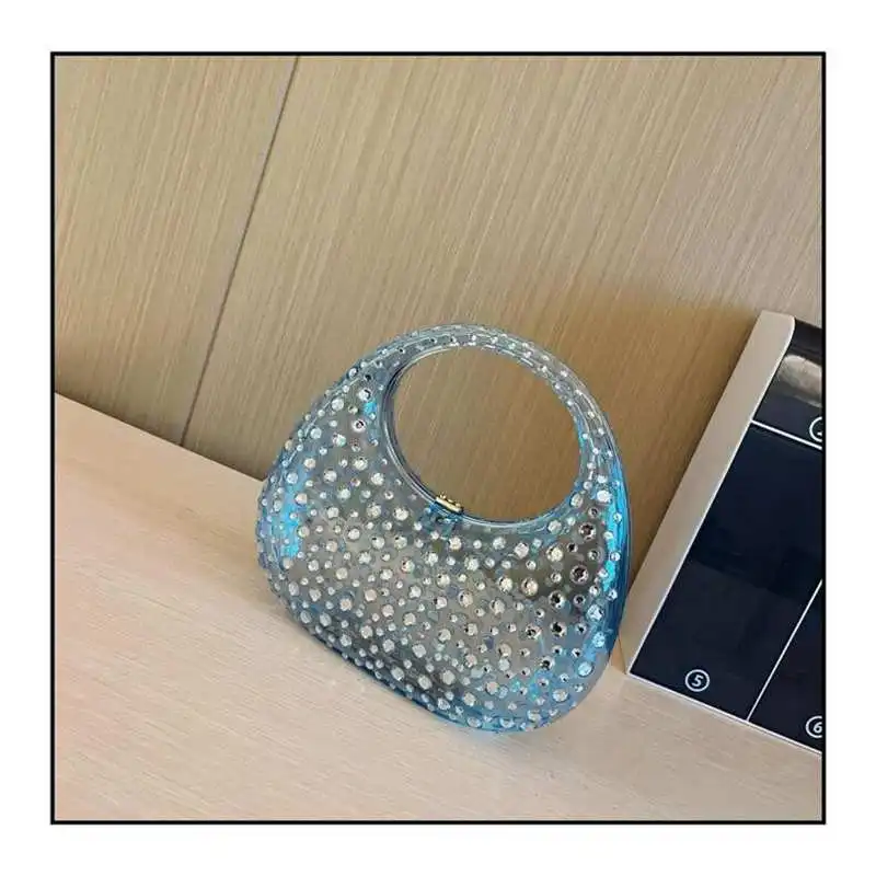 Monederos y bolsos de diamantes de imitación hechos a mano para mujer, bolsos de diseñador de lujo brillantes, bolsos de concha para mujer, bolsos de noche acrílicos nuevos