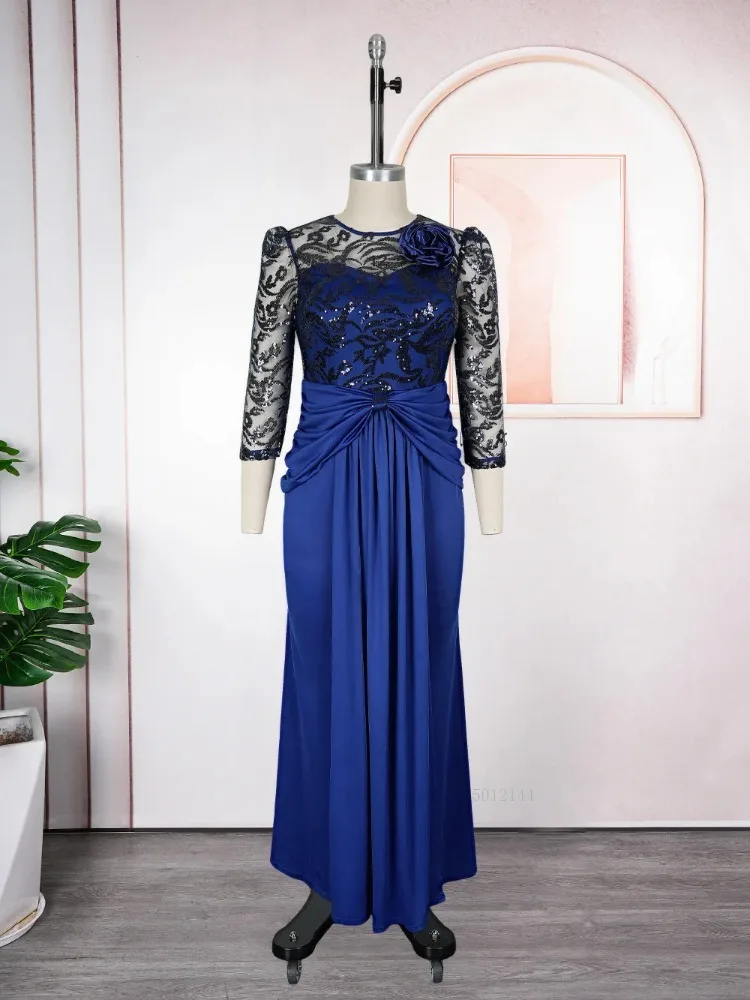 

African Royal Sequin Maxi Dress 3/4 Lace Sleeves with Floral Ruched Waist Design For Wedding Parties and Formal Events Plus Size