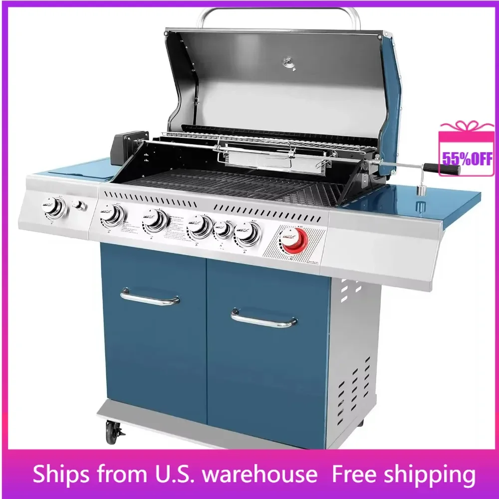 

BBQ Grills BBQ Rotisserie Kit Sear Burner Rear Burner and Side Burner, Patio Picnic Backyard Blue Propane Grills Gas Grills