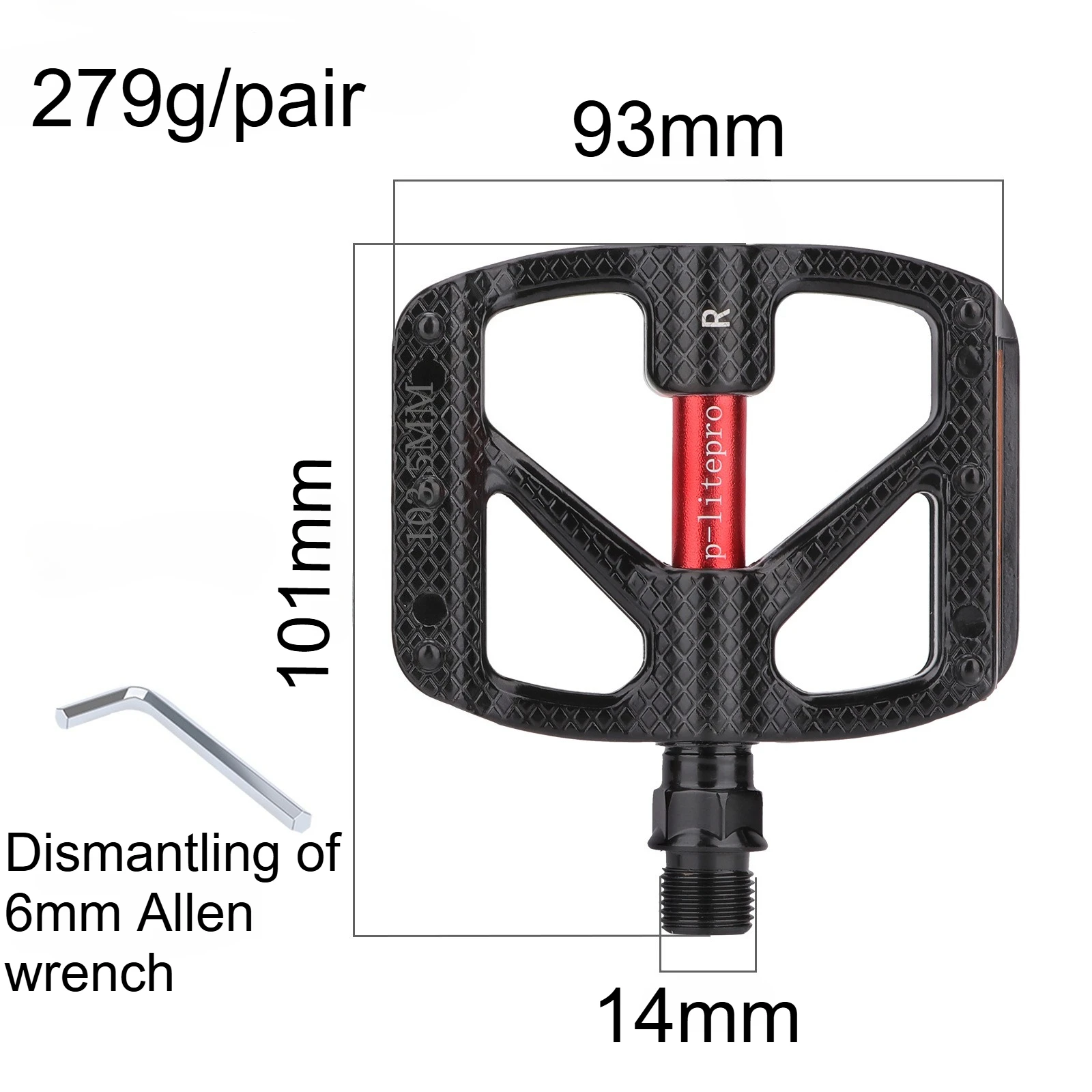 Aluminum Bicycle Pedals with Reflector Black Sealed Bearings 14mm Axis Flat Pedal Pins for MTB Folding Bike Removal Tool Parts