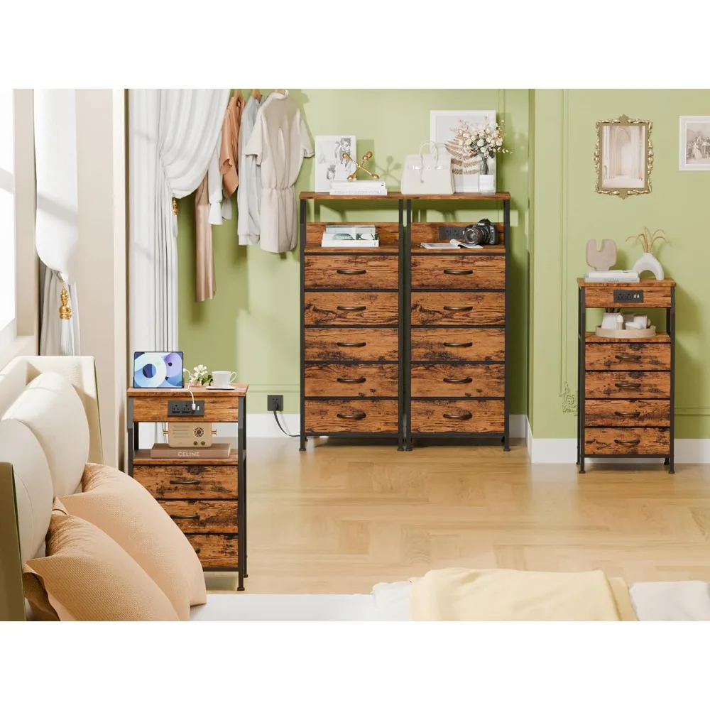 خزانة ذات 5 أدراج مع قاعدة شحن، وحامل ليلي طويل مع رف تخزين، وخزانة ذات أدراج من القماش، وطاولة بجانب السرير، و3 طرق للاستخدام