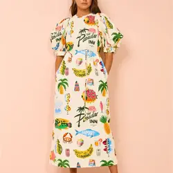 Women Elegant Print Long Dress Puff Short Sleeve Loose Female Dresses O-neck Vintage Retro Summer Robes Holiday Beach 2024 NEW