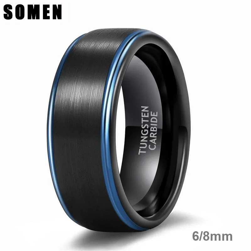 Somen 6mm 8mm Women Men Black Ring with Blue Line Brushed Tungsten Carbide Daily Jewelry Unisex Chic Rings Dark Color