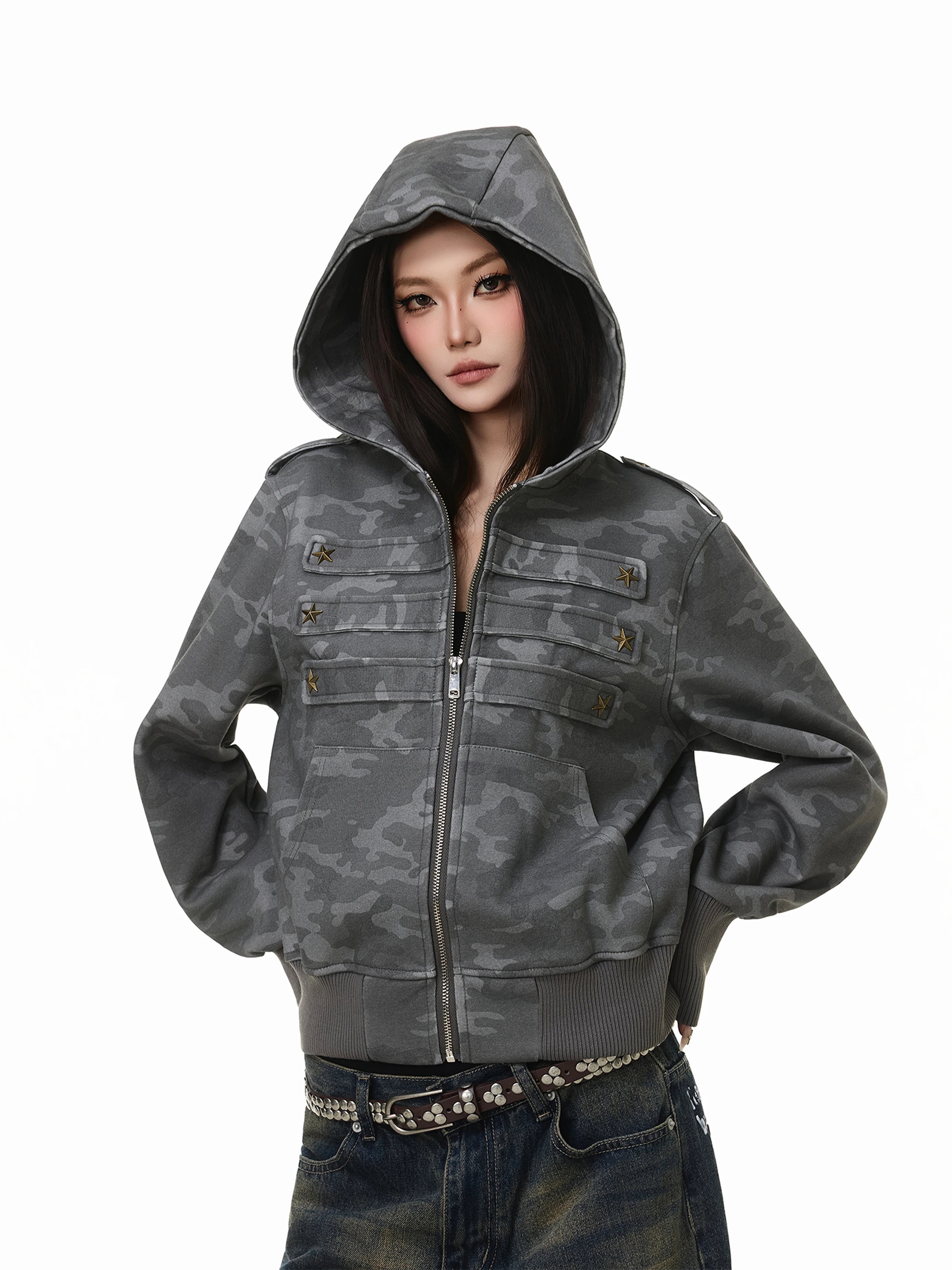 American Retro Napoleon Star Rivet Design Camouflage Hoodie Open Cardigan Loose Casual Outerwear for Men And Women
