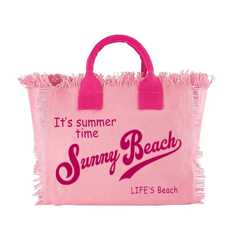 Summer American Style Sunny Beach Printing Women's Tassel Handbag Letters Canvas Tote Medium Size Bag Wedding Gift image 2