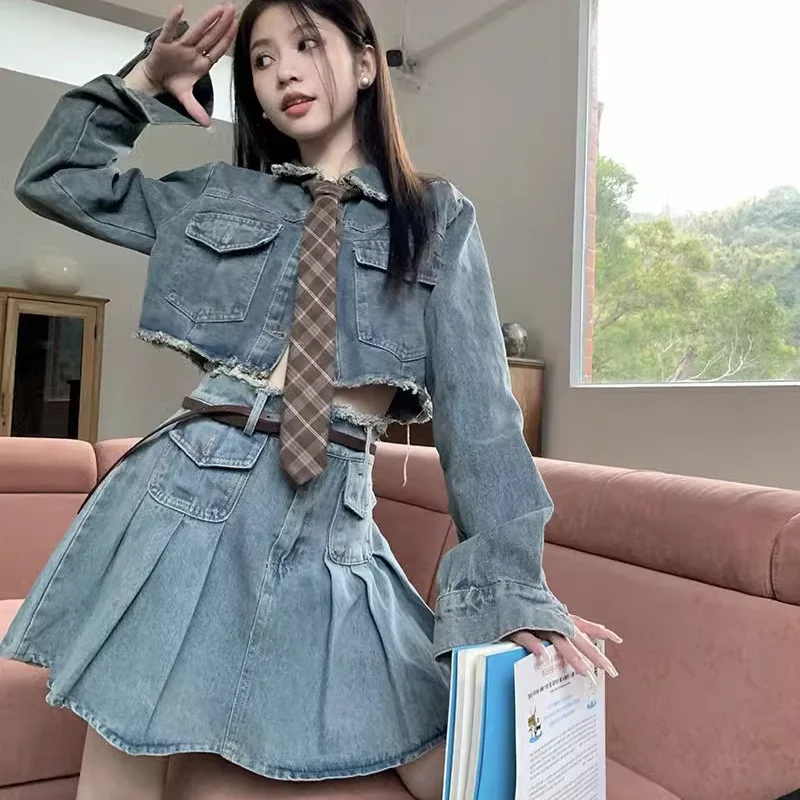 Denim Pleated Dresses Sets Women Vintage Crop Cool Girls Long Sleeve Pockets Tops Slim A-line High Waist Spicy Prevalent Hipster