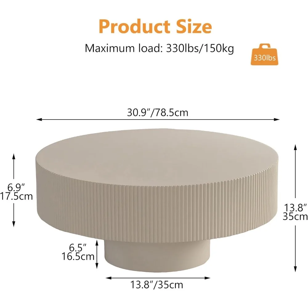 Modern Wood Round Coffee Table - Handcraft Fluted Coffee Tables with Sturdy Base, Easy Assembly, Contemporary Style Circle Coffe