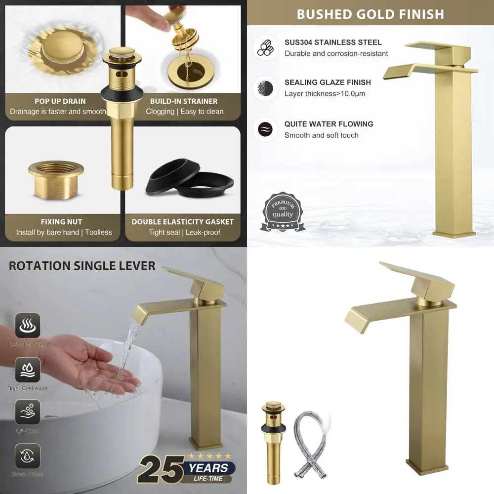 

Modern Single Handle Waterfall Faucet with Drain, Brushed Gold, Tall Vanity Sink Mixer, SUS304 Stainless Steel, Lavatory Fixture