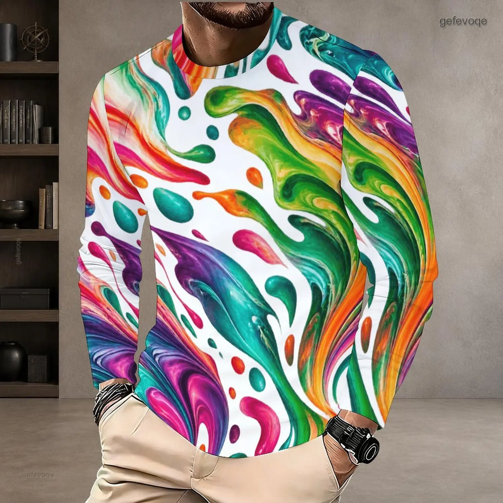Men Colorful Liquid Swirl Paint Drop Printed Round Neck Long Sleeve T Shirt