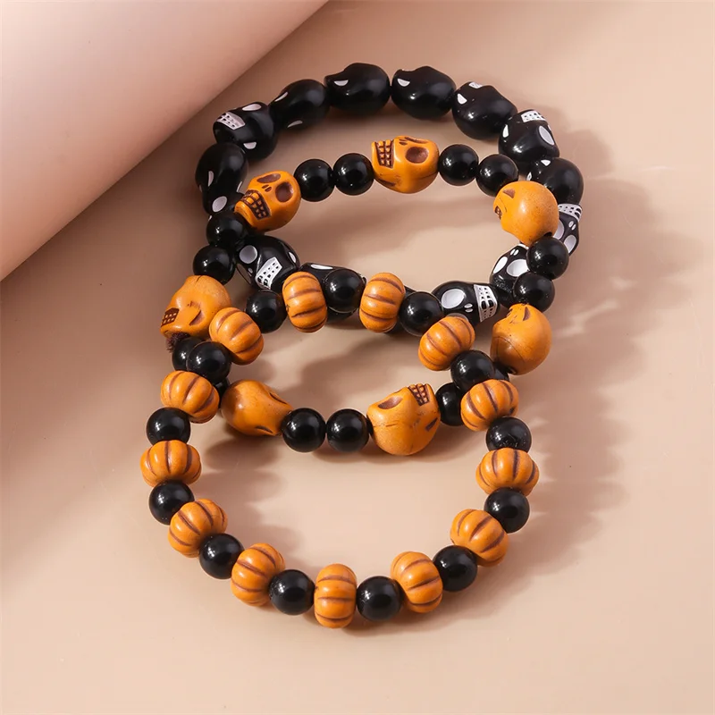 Aihua Punk Halloween Skull Pumpkin Bracelets for Women Men Hip Hop Beaded Bracelets & Bangles Halloween Jewelry Gifts