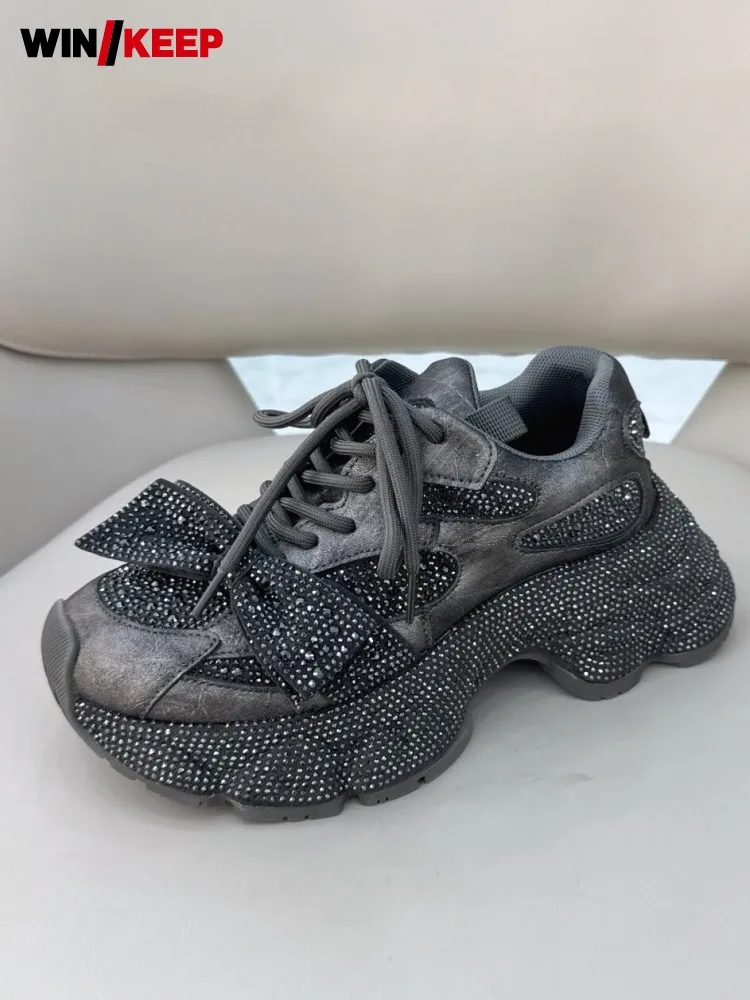Women Sweet Bowknot Rhinestone Platform Walking Sports Shoes Lace Up Spliced Round Toe Female Height Increase Running Sneakers