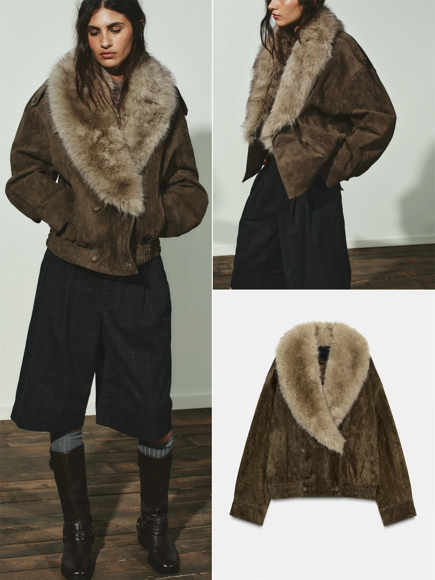 

Faionable Winter Women's Leather Jaet with Large Fur Collar Velvet Texture Commute Sle Regular Sve Long Sve Butto...