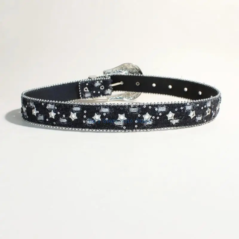 

X7XB Black Studded Women's Punk Belt Adjustable Waist Strap Buckles Charm For Jeans Durable PU Leather