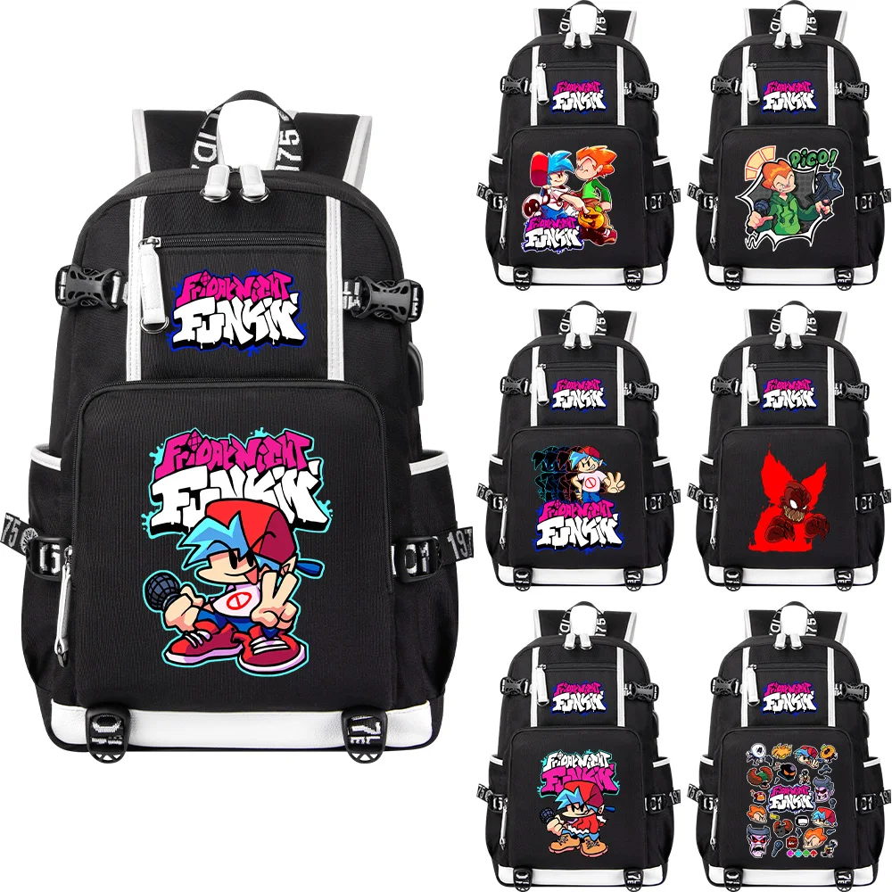 Crianças Mochila Sexta-feira Noite Funkin Cartoon Boy Girl School Bag Book Bag Grande Capacidade USB Mulher Homens Laptop Shoulder Bag