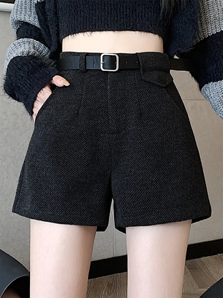 Autumn Winter New High-Waisted Thick Shorts Korean Style Women Slimming A-Line Tapered Pants with Boots Woolen Shorts
