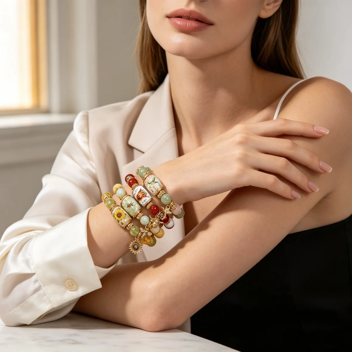 Zarte Armbänder im Frühlingsgarten-Stil mit Glasperlen für Damen und Herren, mit Charm-Anhängern wie Kolibri, Sonnenblume, Biene und Ochsenkopf, Heilschmuck. – Detail 11