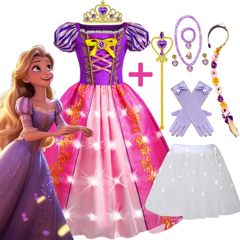 Vestido de princesa Rapunzel de Disney para niñas, disfraz de Cosplay con luz LED, Vestido de Carnaval de Halloween, Vestido de baile de cumpleaños para niños, ropa
