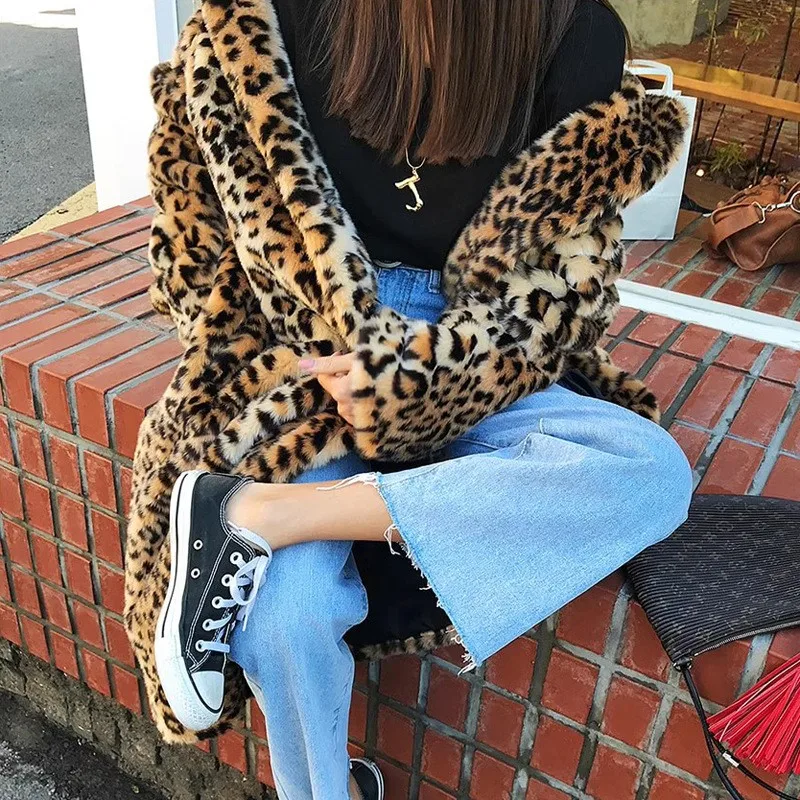 Women Imitation Fox Fur Leopard Jacket Coat X-Long Thick Warm Turn Down Collar Bomber Jacket Autumn Winter Parka Cardigan Coat