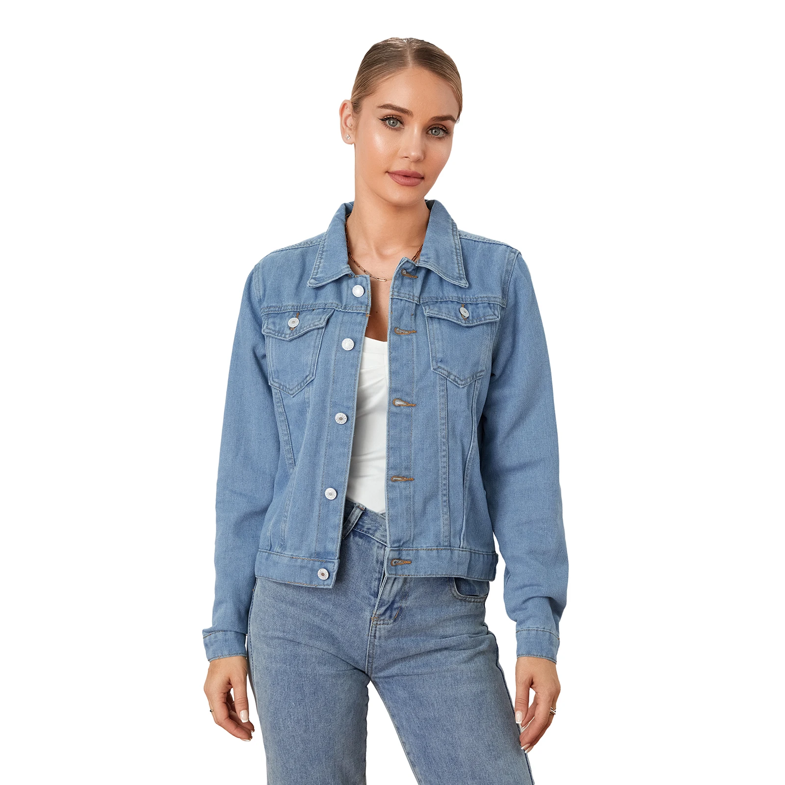 2024 Autumn Fashion Solid Color Denim Jacket Women's Lapel Button Cardigan Jean Jacket Female Casual Long Sleeve Short Coat