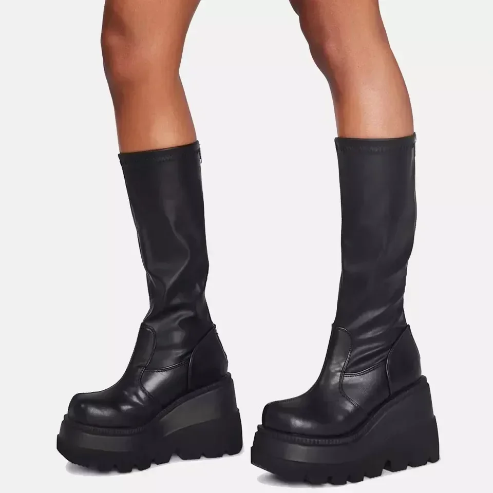 Botas de plataforma Punk para mujer, botas elásticas de microfibra con tacón grueso a media pantorrilla para mujer, zapatos góticos negros de marca