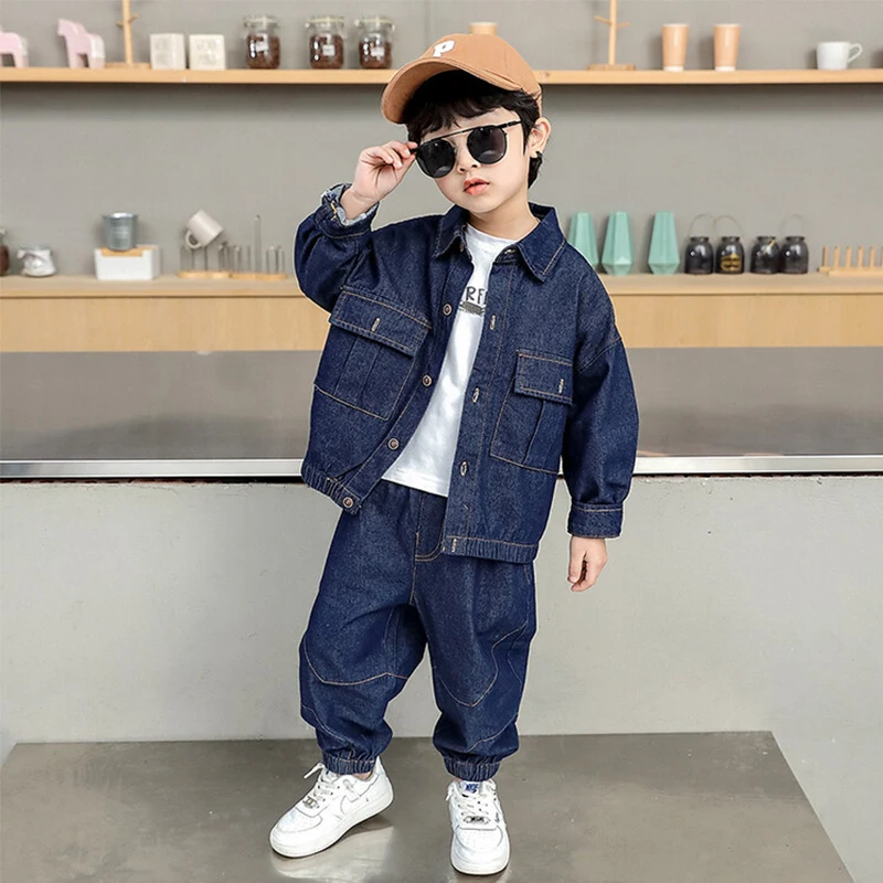 2025 Spring Autumn Baby Boys Blue Cowboy Sport Suit Children Solid Color Denim Jacket Coat+Jeans Long Pants Two-piece Set