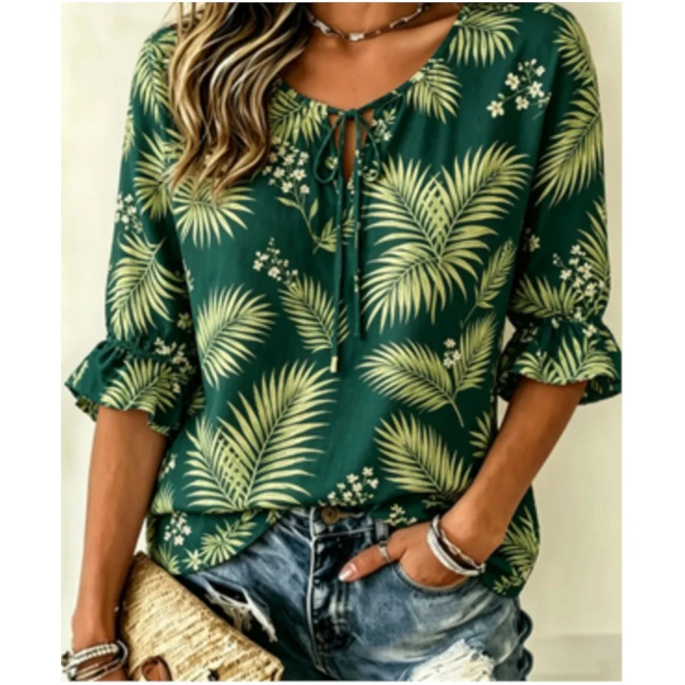 

Women's Tropical Palm Leaf Print Tie Neck Blouse, Ruffle Half Sleeve Casual Top for Beach Summer Vacation Wear